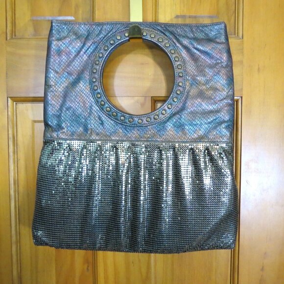 VTG Whiting & Davis Metallic Gold Mesh Purse Bag Snakeskin Leather Studded 12x14 - Picture 1 of 9
